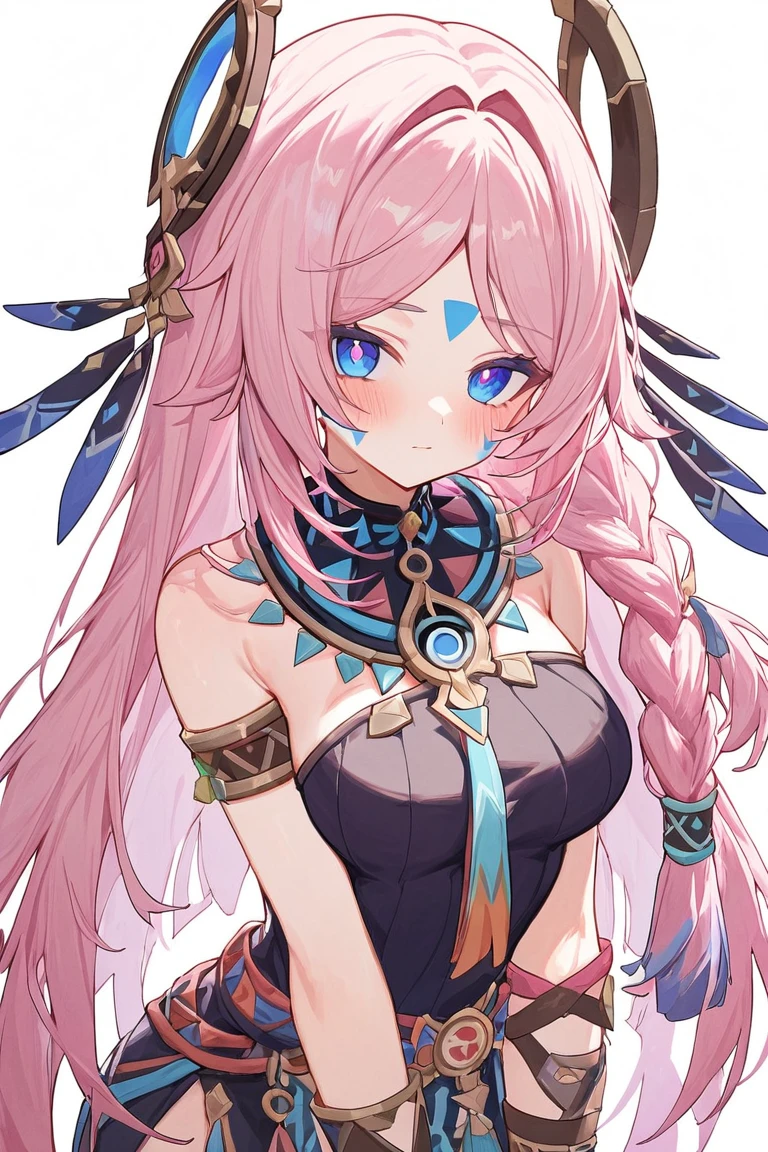 citlali ,シトラリ(genshin impact), 1girl,cowboy shot,pink hair, parted bangs, very long hair, hair down, braids, hair ornament, facial Mark, blue eyes, pink pupils, tribal clothes,Genshin Impact Style, AddXL, touches hair, glowing eyes, blush, beautiful detailed, hyper detail, masterpiece, best quality, bright,pink hair, parted bangs, very long hair, hair down, braids, hair ornament, facial Mark, blue eyes, pink pupils, tribal clothes,1girl, citlali,white background