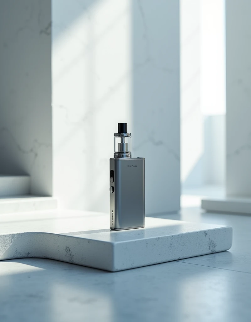 HQD electronic cigarette placed on a sleek concrete surface, surrounded by minimalistic modern architecture, bright daylight, high-key lighting, soft reflections, futuristic and clean atmosphere, white and light grey tones