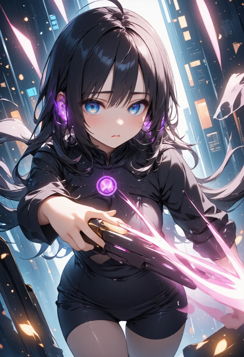 masterpiece, best quality, ultra-detailed, a bunny girl in a black outfit quickly retreating backward, her arms stretched out behind her to maintain balance, her long black hair flowing behind her, her blue eyes filled with both surprise and concern, the background is a high-tech training room with glowing holographic targets, her retreat comes after narrowly dodging a laser attack from the environment, her body tense as she prepares for the next move.