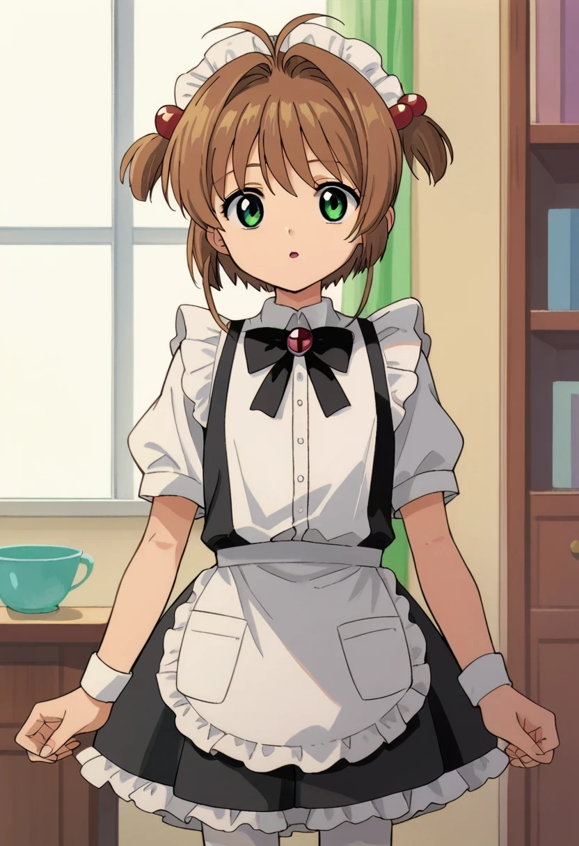 zPDXL2, score_9, score_8_up, score_7_up, score_6_up, score_5_up, score_4_up, source_anime, 1girl, solo, child, indoors,
SakuraPony, green eyes, brown hair, short hair, antenna hair, hair intakes, flat chest, hair bobbles,
maid, oversized clothes, frills, white frills shirt, long shirt, puff sleeves, short sleeves, white sleeves, black bow tie, bow tie brooch, maid headdress, maid apron, white tights