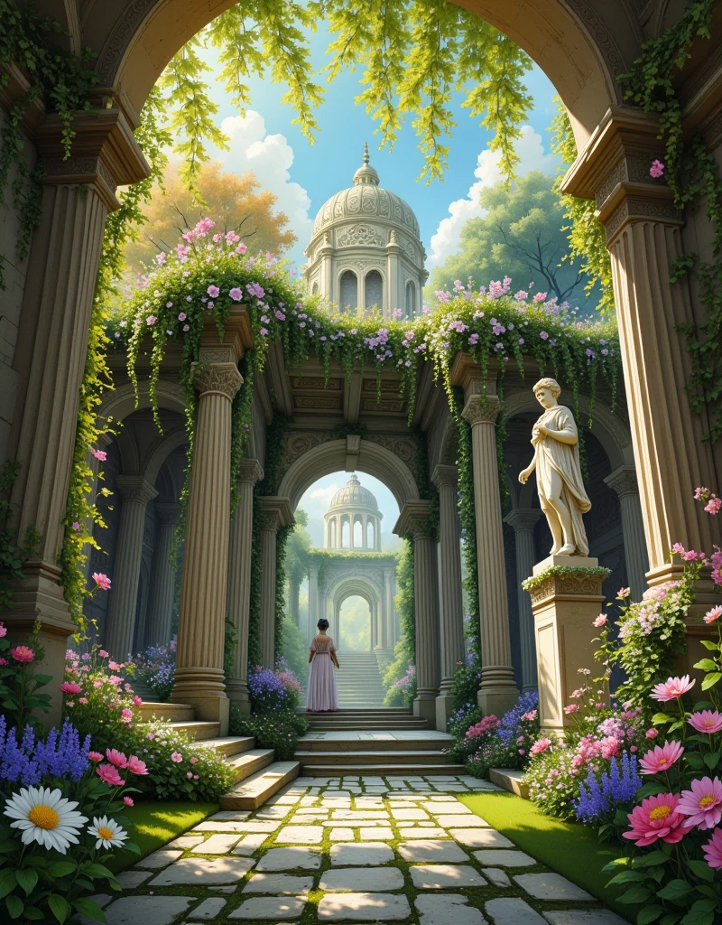 The sunlight descends like a soft embrace upon the forgotten ruins of a Rococo hall, now partially embraced by the welcoming arms of nature's bounty. Here, ivy-laden statues stand as silent sentinels amidst blossoming tapestries of peonies and daisies. The floor, once a gleaming expanse of marble, is transformed into a carpet of lush clover interspersed with delicate blooms of lavender, filling the air with their soothing fragrance. An old clock tower, ravaged by time, wears a crown of honeysuckle, its hands frozen in an eternal moment. Upheaved by roots, antique tiles lay jumbled yet beautiful, each carrying vestiges of stories now overtaken by sprawling vegetation. The interplay of light and leaf paints changing patterns over fractured mirrors, creating an ever-shifting dance of reflections. Here, the classic and the chaotic merge in an exquisite ballet, portraying an unforgotten elegance that thrives even in disarray.