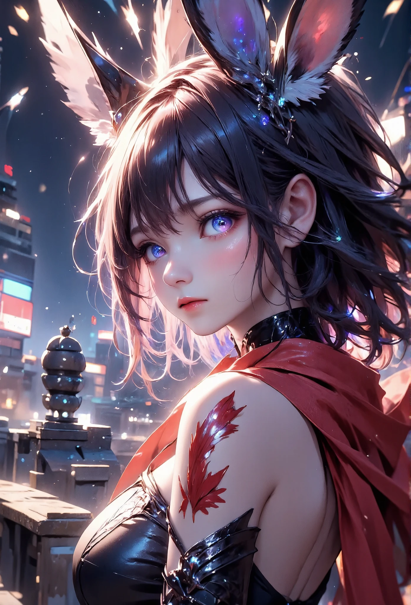 masterpiece, best quality, dark tone, a bunny girl standing on the edge of a rooftop at night, breathing heavily after a tough fight, her left arm gripping her side, her long black hair messy from the battle, her blue eyes showing exhaustion but determination, the city skyline stretches out behind her, lit by glowing billboards and distant skyscrapers, rain begins to fall, and the lights of the city reflect off the wet rooftop, she looks down at an unseen enemy below, preparing for a final confrontation.