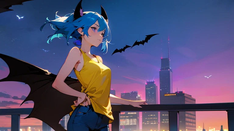 1girl, lovely lady, yellow tank top, blue jeans, blue hair, purple eyes, 1bat, friendly bat, beautiful brown fur, beautiful night sky, city lights in the background, lady stands on a balcony, bat flies by a lady