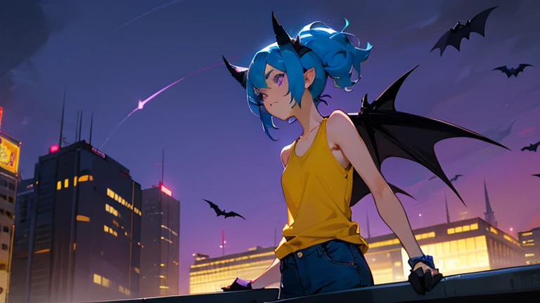 1girl, lovely lady, yellow tank top, blue jeans, blue hair, purple eyes, 1bat, friendly bat, beautiful brown fur, beautiful night sky, city lights in the background, lady stands on a balcony, bat flies by a lady