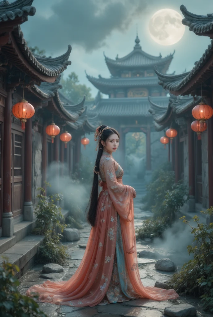 ((masterpiece)), ((Best quality)), 8K, high detail,  looks super detailed , Intricate details, illustration, fantasy,  Surrealism, ((1 girl:1.2)), Solitary, Describe the Chinese-style Jiang  girl,  Jiang &#39; Girl Costume , ( Gift Paper on Her Head ),  Wearing Traditional Costumes , (Night settings:1.2), ( Ancient Village Ruins :1.1), ( Strange Atmosphere ),  Girl Chiang's Pose , (Old fashioned charm:0.8), Detailed depiction of the Jiang  girl in the Jiang  pose, (Moonlit Night), ( Mysterious Mist ), ( Traditional Charm ), (Exquisite eyes:1.1), ( black hair), (Pale skin), (Red lips), Balance the composition,  Moonlight ,  Visual Effects with Strange Details, Maxon Cinema 4D,,