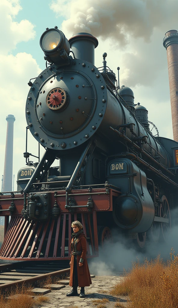 realistic steampunk locomotive, highly detailed, 1 female engineer, steampunk outfit, half size of locomotive wheel, reaching into locomotive, huge flywheels, metal tubes, gears, steam from chimney, best quality, 8k, hyperrealistic, intricate details, cinematic lighting, dramatic shadows, warm color palette, ornate mechanical design, golden accents, weathered surfaces, complex machinery