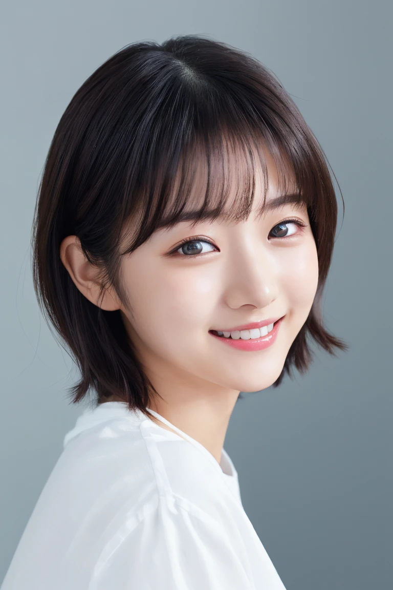 masterpiece, Best Quality, One Woman, (White shirt:1.2), 22 years old、(RAW Photos, Best Quality), (reality, reality的:1.4), Clean look、iris、Highly detailed eyes and face, Beautifully detailed nose, Beautiful Eyes, Perfect Anatomy, Black short hair, bangs、Crystal Skin, Cool smile、Face Focus