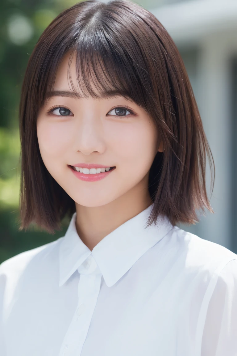 masterpiece, Best Quality, One Woman, (White shirt:1.2), 22 years old、(RAW Photos, Best Quality), (reality, reality的:1.4), Clean look、iris、Highly detailed eyes and face, Beautifully detailed nose, Beautiful Eyes, Perfect Anatomy, Black short hair, bangs、Crystal Skin, Cool smile、Face Focus