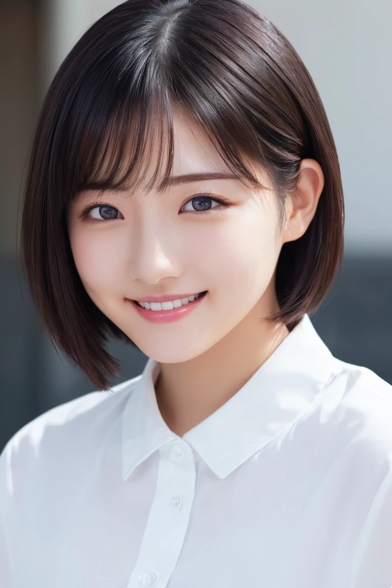 masterpiece, Best Quality, One Woman, (White shirt:1.2), 22 years old、(RAW Photos, Best Quality), (reality, reality的:1.4), Clean look、iris、Highly detailed eyes and face, Beautifully detailed nose, Beautiful Eyes, Perfect Anatomy, Black short hair, bangs、Crystal Skin, Cool smile、Face Focus