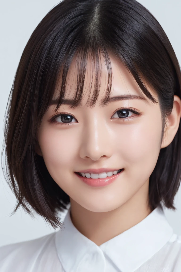 masterpiece, Best Quality, One Woman, (White shirt:1.2), 22 years old、(RAW Photos, Best Quality), (reality, reality的:1.4), Clean look、iris、Highly detailed eyes and face, Beautifully detailed nose, Beautiful Eyes, Perfect Anatomy, Black short hair, bangs、Crystal Skin, Cool smile、Face Focus