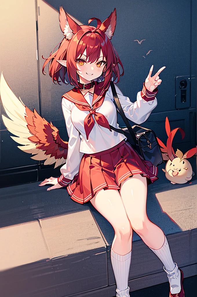 harpy girl, dark red hair,messy bob hair, ahoge, (big feather bird ears), harpy big wings, (red sailor uniform, red collar/(choth/), red skirt), school bag, loose socks, smirk,