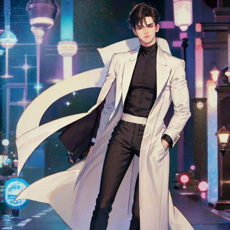 The really Tall man was standing straight, wearing a white coat, black hair and black eyes, wearing black shirt and black pants, Night City background 