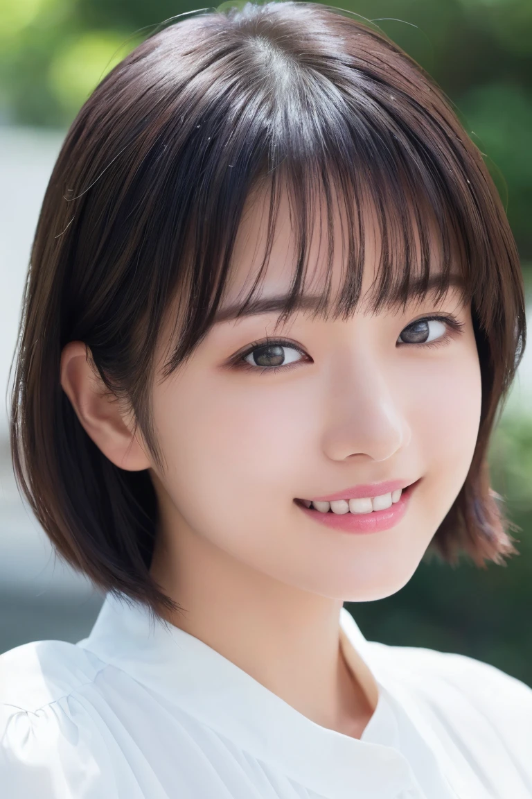 masterpiece, Best Quality, One Woman, (White shirt:1.2), 22 years old、(RAW Photos, Best Quality), (reality, reality的:1.4), Clean look、iris、Highly detailed eyes and face, Beautifully detailed nose, Beautiful Eyes, Perfect Anatomy, Black short hair, bangs、Crystal Skin, Cool smile、Face Focus