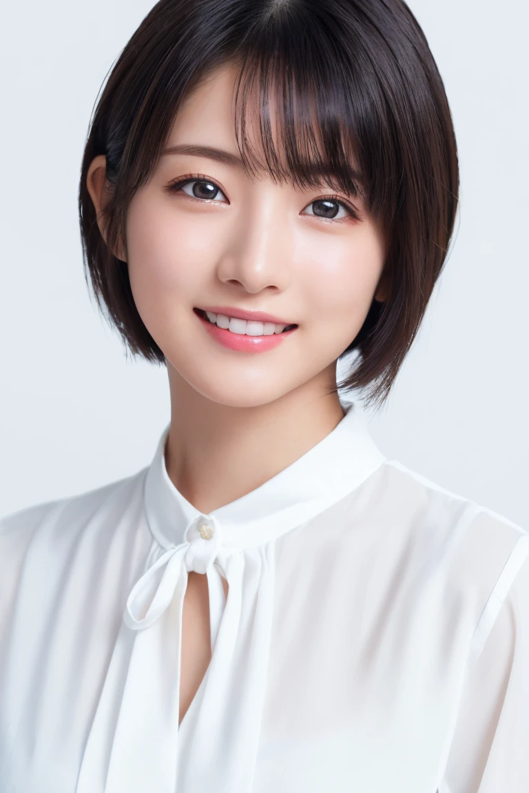 masterpiece, Best Quality, One Woman, (White shirt:1.2), 22 years old、(RAW Photos, Best Quality), (reality, reality的:1.4), Clean look、iris、Highly detailed eyes and face, Beautifully detailed nose, Beautiful Eyes, Perfect Anatomy, Black short hair, bangs、Crystal Skin, Cool smile、Face Focus