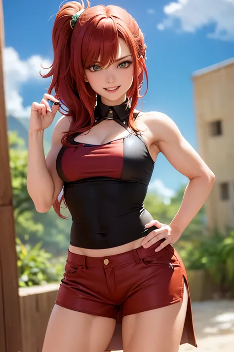 (masterpiece, best quality: 1.2), tiro de cowboy, alone, 1girl, random red hair, (hair tied up), muscular female, light smile, l...