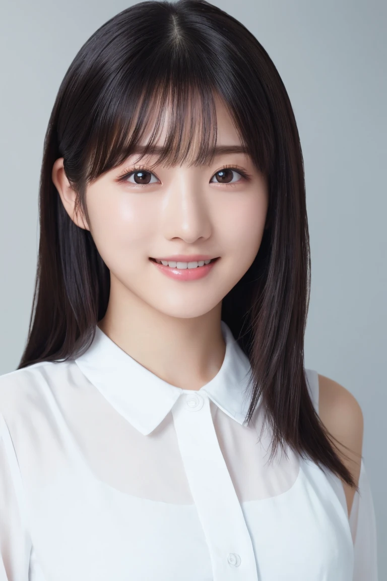 masterpiece, Best Quality, One Woman, (White shirt:1.2), 22 years old、(RAW Photos, Best Quality), (reality, reality的:1.4), Clean look、iris、Highly detailed eyes and face, Beautifully detailed nose, Beautiful Eyes, Perfect Anatomy, Black short hair, bangs、Crystal Skin, Cool smile、Face Focus