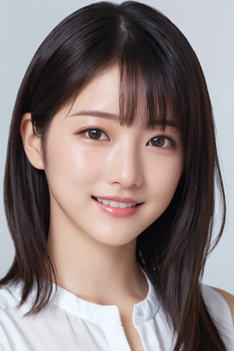 masterpiece, Best Quality, One Woman, (White shirt:1.2), 22 years old、(RAW Photos, Best Quality), (reality, reality的:1.4), Clean look、iris、Highly detailed eyes and face, Beautifully detailed nose, Beautiful Eyes, Perfect Anatomy, Black short hair, bangs、Crystal Skin, Cool smile、Face Focus