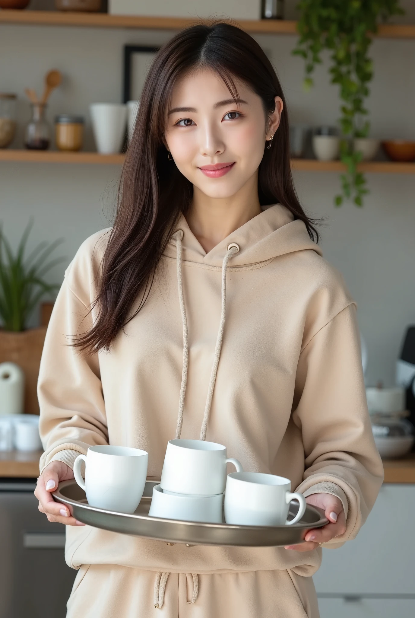 A photo of a young, slender, and beautiful East Asian woman standing in a kitchen. She is wearing a beige hoodie with matching sweatpants, featuring visible drawstrings and a soft texture. She has long, dark hair that is lightly tied and brought to the front over her right shoulder. She is holding a large stainless steel tray with cups on it in her right hand, smiling warmly at the camera. In the background, there are shelves with various kitchen items and a plant hanging on the wall. The overall mood of the image is happy and relaxed, with a soft texture and a sense of realism, resembling fashion photography