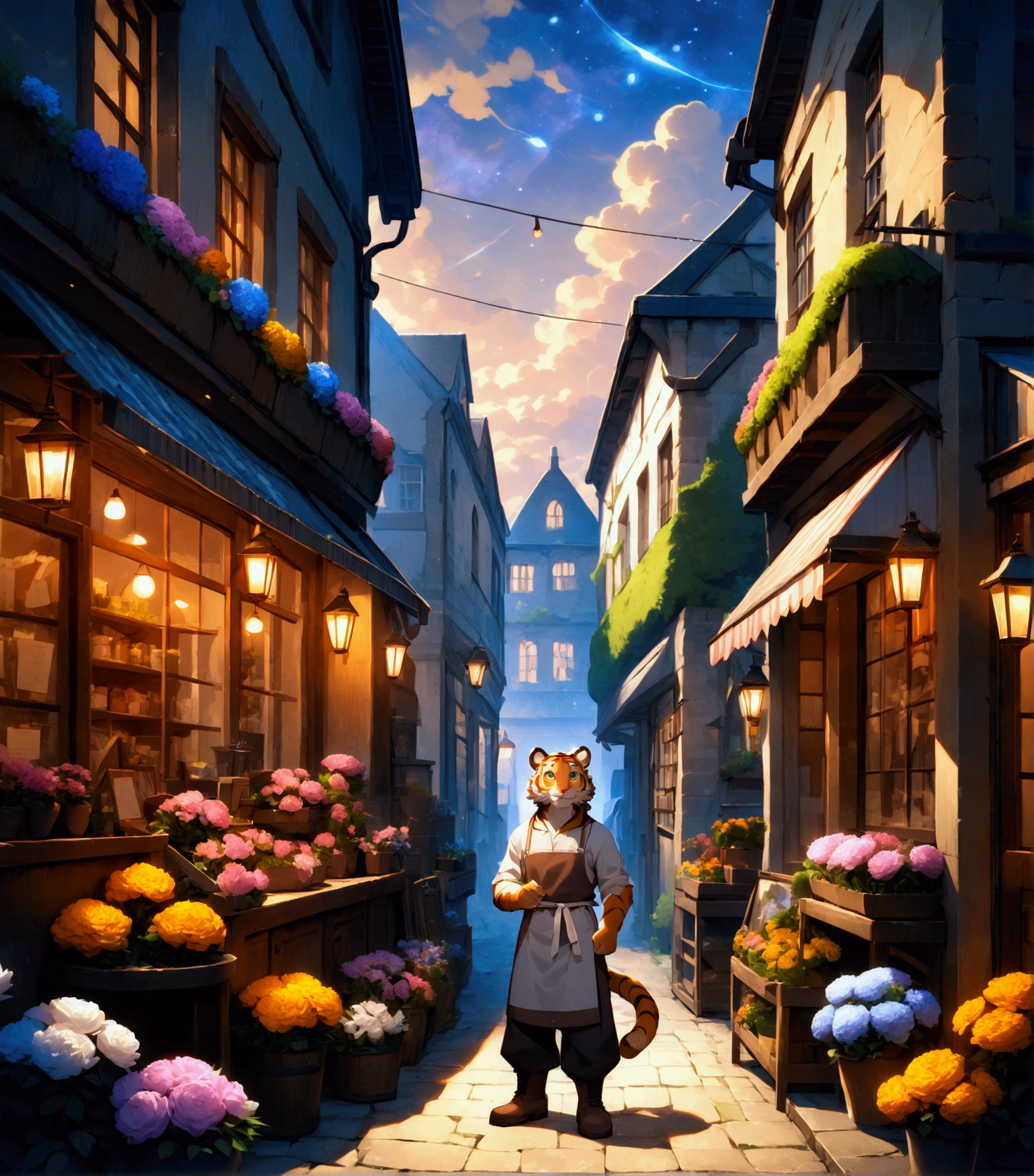 florist, plump middle-aged tiger man, happy, light smile, marigold, slacks, apron, standing, presenting a bouquet of flowers, dynamic pose, evening, england, flower shop, outdoor, detailed painting landscape, BREAK full body in Michelangelo Buonarroti style, digital illustration anime, character focus, full body, looking away, dynamic angle, BREAK complete anatomy, perfect proportions, beautiful thigh gap, fluffy body, intricate fur details, beautiful fur texture, BREAK detailed tiger tail, detailed boots, beautiful foot, detailed hands, 5fingers, 5fingers nails, BREAK aesthetic anime face, insanity detailed face, male face, big face, square jawline, aesthetic anime eyes, detailed brown eyes, detailed brown cornea, detailed dark brown irises, detailed pupils, male eyes, big eyes, male eyebrows, innocent look, beautiful beard, BREAK masterpiece, official art, best quality, very aesthetic, absurdres, super fine illustration, great quality, BREAK noise reduction, very highres, large filesize, high quality, 32K, 8k wallpaper, dynamic lighting, BREAK insanity detailed, ultra detailed, intricate details, extremely detailed, detailed texture, an extremely delicate and beautiful, full color, HDR, BREAK e621 illustration, Fur Affinity illustration, osukemo, kemohomo, anthropomorphic, furry, cartoon, harmonious eyes, pastoral body, virtuous face, floral atmosphere 