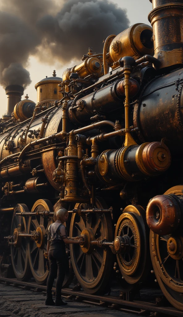 realistic steampunk locomotive, highly detailed, 1 female engineer, steampunk outfit, half size of locomotive wheel, reaching into locomotive, huge flywheels, metal tubes, gears, steam from chimney, best quality, 8k, hyperrealistic, intricate details, cinematic lighting, dramatic shadows, warm color palette, ornate mechanical design, golden accents, weathered surfaces, complex machinery