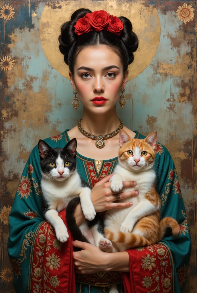  A painting of a woman holding two cats,  inspired by Kahlo , Frieda, inspired Frieda·卡罗, By Vladimir Tretchikoff, By Nil Gleyen, Chie Yoshii, Frieda·卡罗, author Galen Dara, 由Virginia Lee Burton, There is a cat around, By Jacka Kemp, author：John O&#39;Gorman