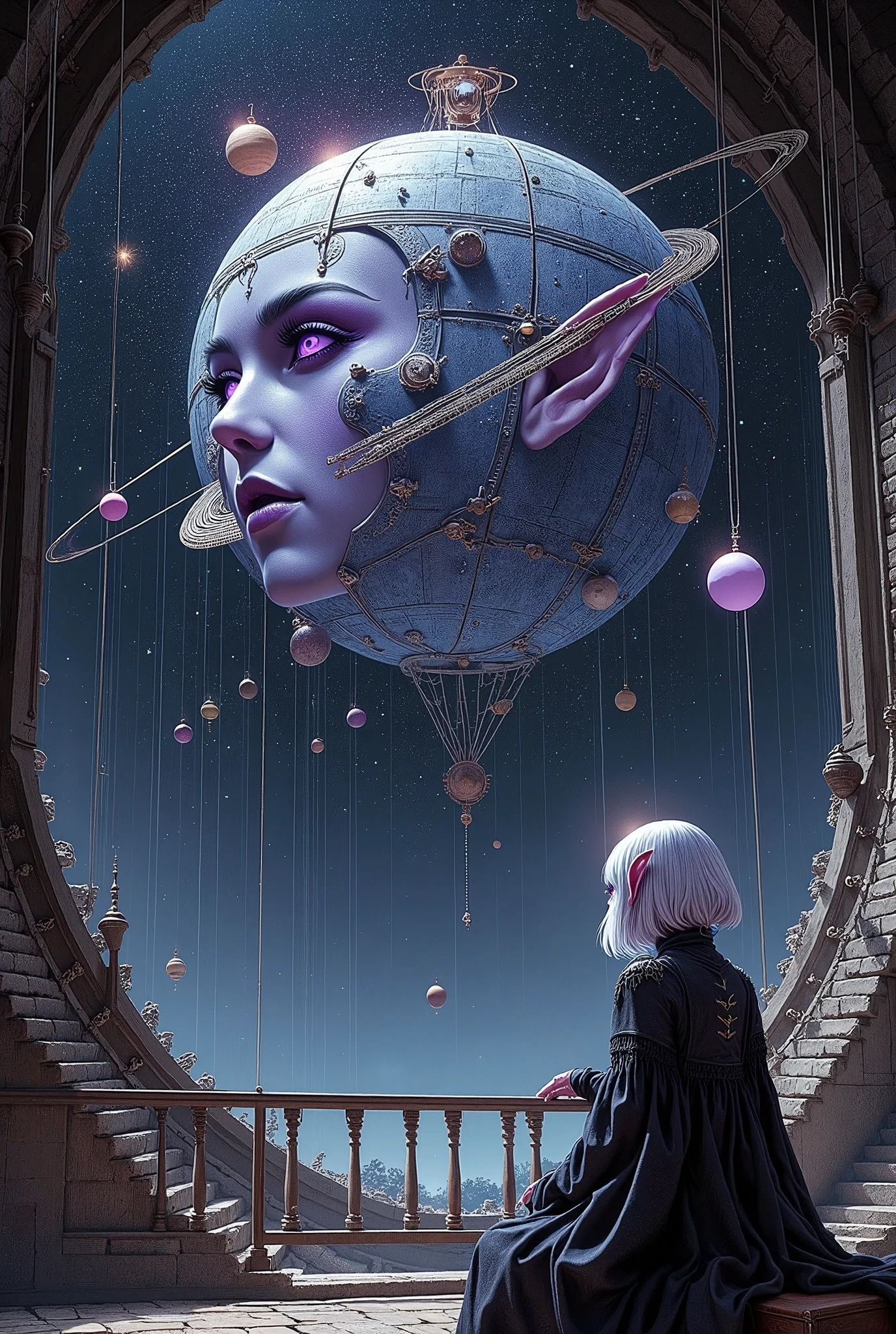 (Ultra-detailed face, Looking away, Fantasy Illustration with Gothic, Dark tone colors. Perspective looking up from the floor to the ceiling.), BREAK 
(A female dark elf astronomer sits on a small perch suspended in mid-air over a huge spherical armillary sphere, 20 meters long and wide, set up in a huge, dark, unlit, warehouse-like space, operating a machine with a control panel. It is a multi-layered, intricate assembly of conductors of planets and comets outside the solar system. The planets and stars are displayed in three dimensions and can be seen moving in their respective orbits.), BREAK 
(A young-aged dark elf woman with pure white hair and eyebrows, blunt bangs, medium length straight hair, small pink lips, dark-purple color skin, lavender pupils, Draw thick, dark eyeliner around the eyes.), BREAK 
(A female dark elf cleric wears thin Marubuchi glasses over her forehead, a crimson ribbon tie, and a deep navy blue lace-up dress with pure white lace embroidered with a starry sea motif. She wears jet-black high heels with particles of light emanating from them.)