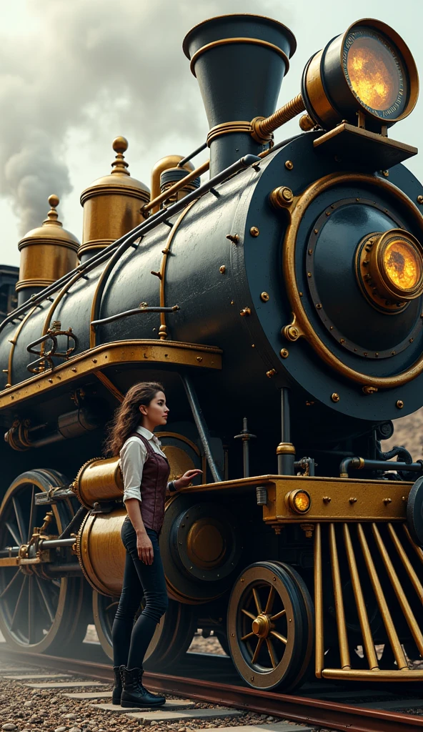 realistic steampunk locomotive, highly detailed, 1 female engineer, steampunk outfit, half size of locomotive wheel, reaching into locomotive, huge flywheels, metal tubes, gears, steam from chimney, best quality, 8k, hyperrealistic, intricate details, cinematic lighting, dramatic shadows, warm color palette, ornate mechanical design, golden accents, weathered surfaces, complex machinery