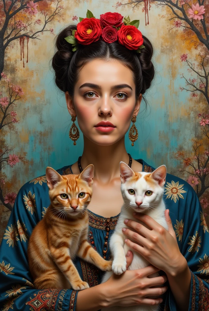  A painting of a woman holding two cats,  inspired by Kahlo , Frieda, inspired Frieda·卡罗, By Vladimir Tretchikoff, By Nil Gleyen, Chie Yoshii, Frieda·卡罗, author Galen Dara, 由Virginia Lee Burton, There is a cat around, By Jacka Kemp, author：John O&#39;Gorman