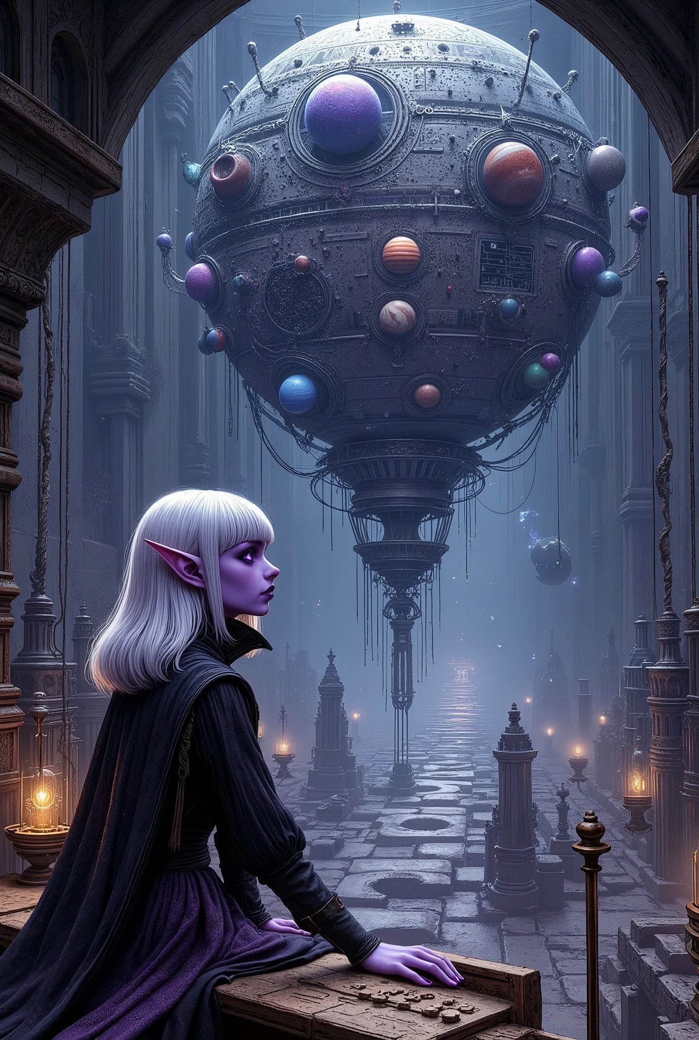 (Ultra-detailed face, Looking away, Fantasy Illustration with Gothic, Dark tone colors. Perspective looking up from the floor to the ceiling.), BREAK 
(A female dark elf astronomer sits on a small perch suspended in mid-air over a huge spherical armillary sphere, 20 meters long and wide, set up in a huge, dark, unlit, warehouse-like space, operating a machine with a control panel. It is a multi-layered, intricate assembly of conductors of planets and comets outside the solar system. The planets and stars are displayed in three dimensions and can be seen moving in their respective orbits.), BREAK 
(A young-aged dark elf woman with pure white hair and eyebrows, blunt bangs, medium length straight hair, small pink lips, dark-purple color skin, lavender pupils, Draw thick, dark eyeliner around the eyes.), BREAK 
(A female dark elf cleric wears thin Marubuchi glasses over her forehead, a crimson ribbon tie, and a deep navy blue lace-up dress with pure white lace embroidered with a starry sea motif. She wears jet-black high heels with particles of light emanating from them.)