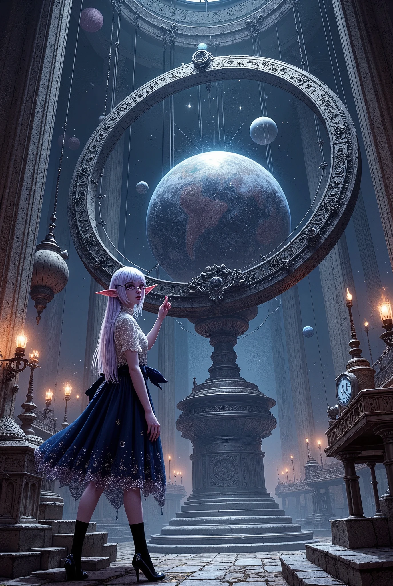 (Ultra-detailed face, Looking away, Fantasy Illustration with Gothic, Dark tone colors. Perspective looking up from the floor to the ceiling.), BREAK 
(A female dark elf astronomer sits on a small perch suspended in mid-air over a huge spherical armillary sphere, 20 meters long and wide, set up in a huge, dark, unlit, warehouse-like space, operating a machine with a control panel. It is a multi-layered, intricate assembly of conductors of planets and comets outside the solar system. The planets and stars are displayed in three dimensions and can be seen moving in their respective orbits.), BREAK 
(A young-aged dark elf woman with pure white hair and eyebrows, blunt bangs, medium length straight hair, small pink lips, dark-purple color skin, lavender pupils, Draw thick, dark eyeliner around the eyes.), BREAK 
(A female dark elf cleric wears thin Marubuchi glasses over her forehead, a crimson ribbon tie, and a deep navy blue lace-up dress with pure white lace embroidered with a starry sea motif. She wears jet-black high heels with particles of light emanating from them.)