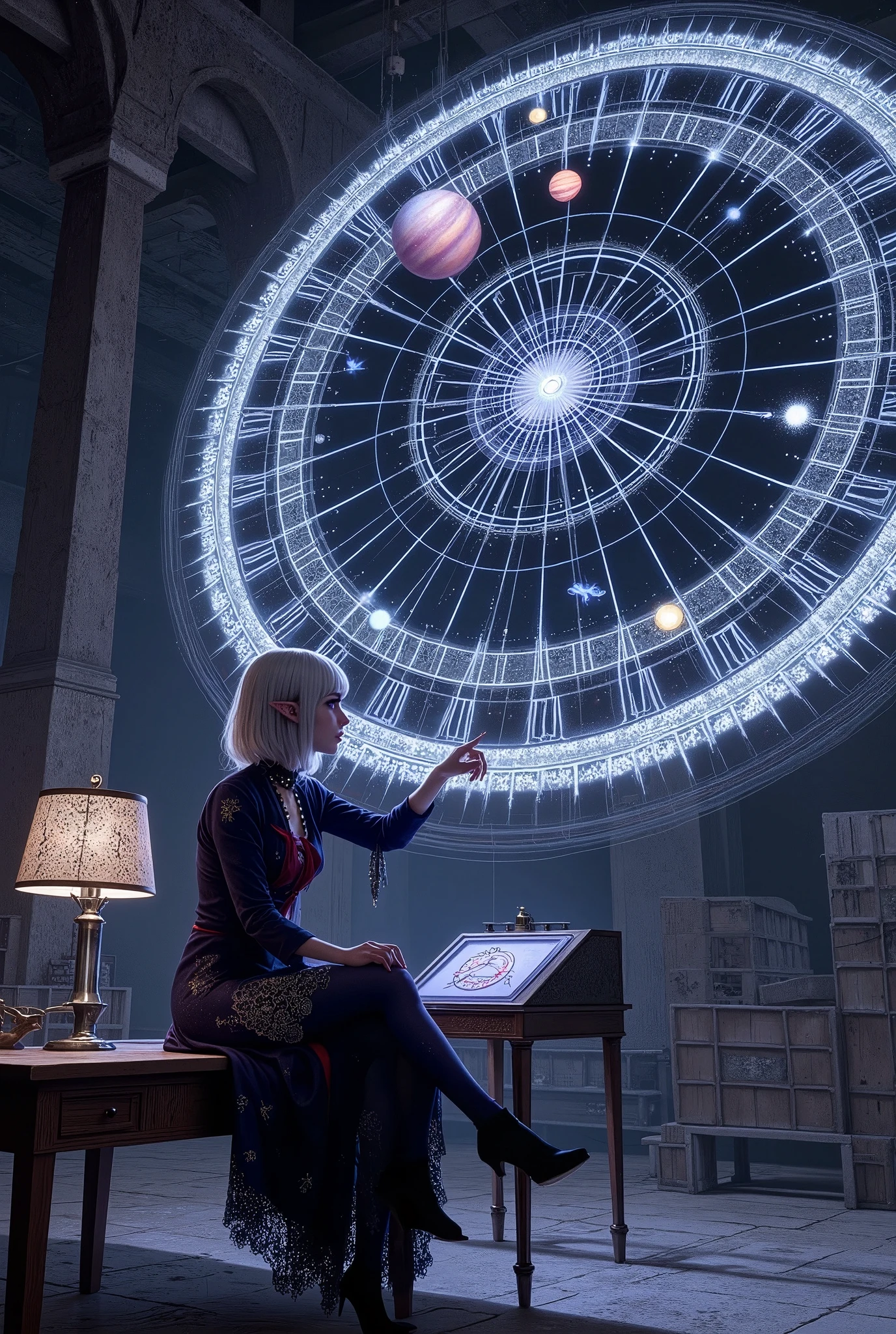 (Ultra-detailed face, Looking away, Fantasy Illustration with Gothic, Dark tone colors. Perspective looking up from the floor to the ceiling.), BREAK 
(A female dark elf astronomer sits on a small perch suspended in mid-air over a huge spherical armillary sphere, 20 meters long and wide, set up in a huge, dark, unlit, warehouse-like space, operating a machine with a control panel. It is a multi-layered, intricate assembly of conductors of planets and comets outside the solar system. The planets and stars are displayed in three dimensions and can be seen moving in their respective orbits.), BREAK 
(A young-aged dark elf woman with pure white hair and eyebrows, blunt bangs, medium length straight hair, small pink lips, dark-purple color skin, lavender pupils, Draw thick, dark eyeliner around the eyes.), BREAK 
(A female dark elf cleric wears thin Marubuchi glasses over her forehead, a crimson ribbon tie, and a deep navy blue lace-up dress with pure white lace embroidered with a starry sea motif. She wears jet-black high heels with particles of light emanating from them.)