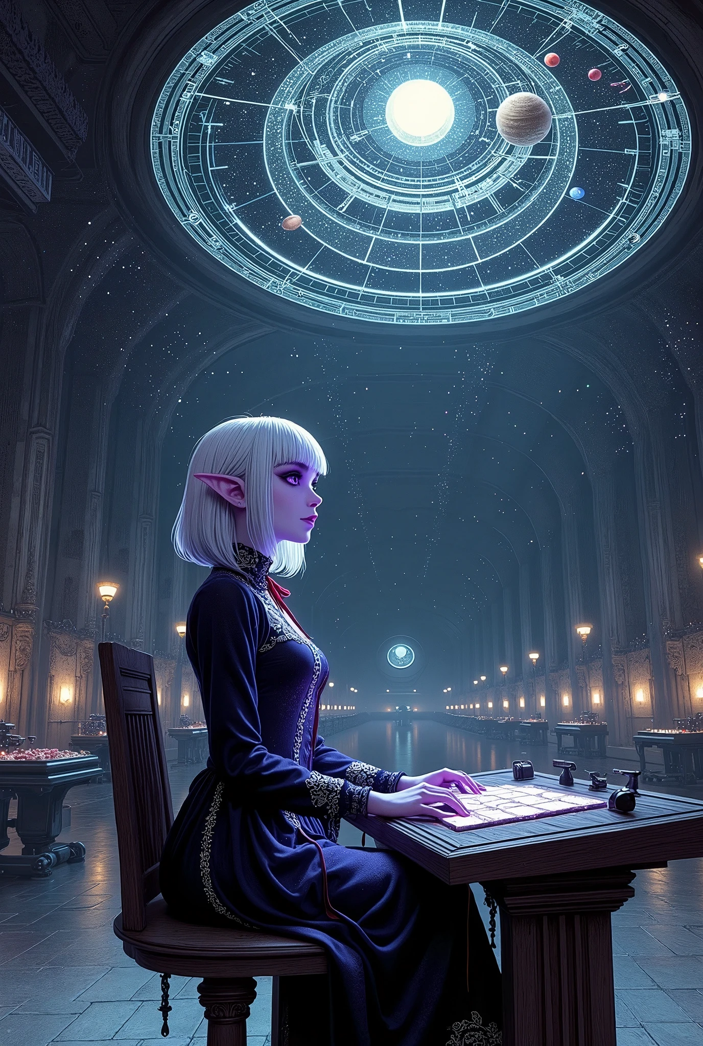 (Ultra-detailed face, Looking away, Fantasy Illustration with Gothic, Dark tone colors. Perspective looking up from the floor to the ceiling.), BREAK 
(A female dark elf astronomer sits on a small perch suspended in mid-air over a huge spherical armillary sphere, 20 meters long and wide, set up in a huge, dark, unlit, warehouse-like space, operating a machine with a control panel. It is a multi-layered, intricate assembly of conductors of planets and comets outside the solar system. The planets and stars are displayed in three dimensions and can be seen moving in their respective orbits.), BREAK 
(A young-aged dark elf woman with pure white hair and eyebrows, blunt bangs, medium length straight hair, small pink lips, dark-purple color skin, lavender pupils, Draw thick, dark eyeliner around the eyes.), BREAK 
(A female dark elf cleric wears thin Marubuchi glasses over her forehead, a crimson ribbon tie, and a deep navy blue lace-up dress with pure white lace embroidered with a starry sea motif. She wears jet-black high heels with particles of light emanating from them.)