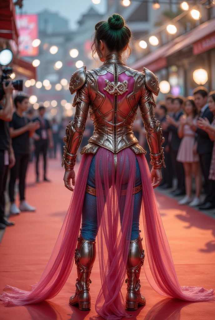  AI costume participating in the festival , Red carpet background ， with JOKER's name written on the back