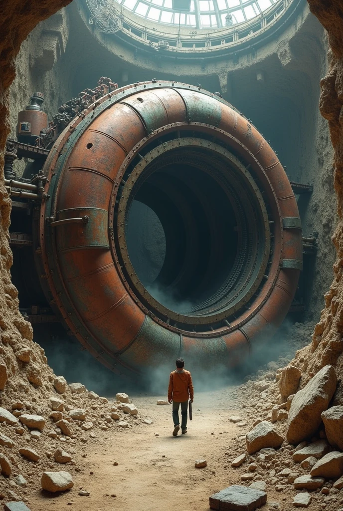  Large Particle Collider ,  Parts Rusted ,  Dirty and Abandoned , Location Apocalypse ,  Underground Destroyed ,  Dirt and debris everywhere， Complex Structured Machine 