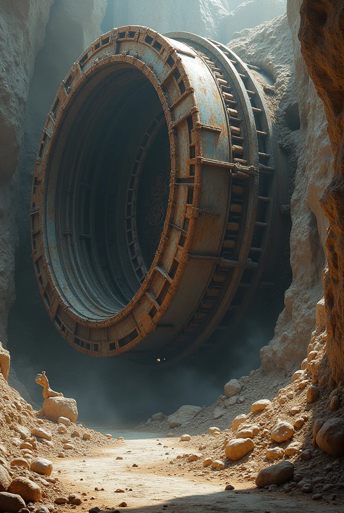  Large Particle Collider ,  Parts Rusted ,  Dirty and Abandoned , Location Apocalypse ,  Underground Destroyed ,  Dirt and debris everywhere， Complex Structured Machine 