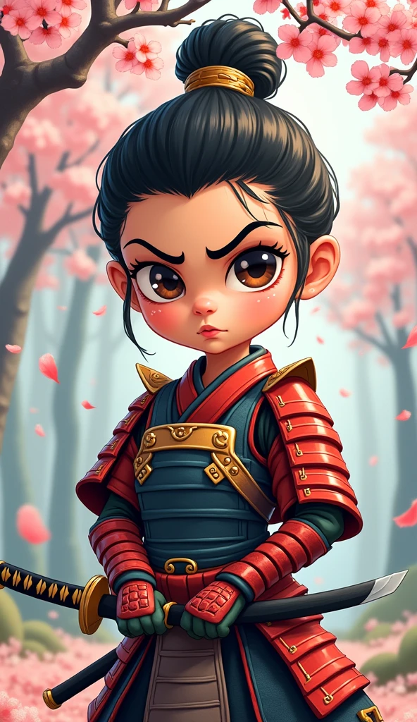 Create a proud cartoon caricature of a girl as a samurai, depicted from multiple angles. The character should showcase a confident and determined expression with exaggerated features that highlight her personality. Display her in traditional samurai armor, integrating vibrant colors and intricate patterns. Illustrate each angle—front, side, and back—so viewers can appreciate the details of her outfit and equipment, including a katana held in various poses. The background should feature elements like cherry blossom trees, creating a cohesive cultural theme. This multi-angle presentation should vividly capture the essence of a playful yet strong warrior.