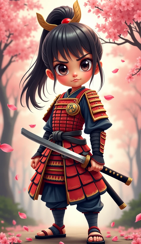 Create a proud cartoon caricature of a girl as a samurai, depicted from multiple angles. The character should showcase a confident and determined expression with exaggerated features that highlight her personality. Display her in traditional samurai armor, integrating vibrant colors and intricate patterns. Illustrate each angle—front, side, and back—so viewers can appreciate the details of her outfit and equipment, including a katana held in various poses. The background should feature elements like cherry blossom trees, creating a cohesive cultural theme. This multi-angle presentation should vividly capture the essence of a playful yet strong warrior.