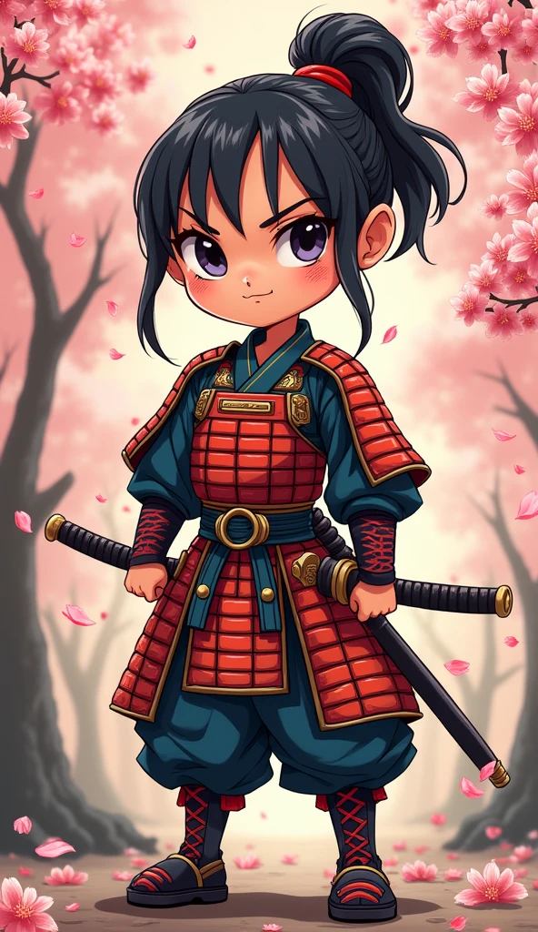 Create a proud cartoon caricature of a girl as a samurai, depicted from multiple angles. The character should showcase a confident and determined expression with exaggerated features that highlight her personality. Display her in traditional samurai armor, integrating vibrant colors and intricate patterns. Illustrate each angle—front, side, and back—so viewers can appreciate the details of her outfit and equipment, including a katana held in various poses. The background should feature elements like cherry blossom trees, creating a cohesive cultural theme. This multi-angle presentation should vividly capture the essence of a playful yet strong warrior.