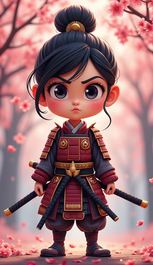 Create a proud cartoon caricature of a girl as a samurai, depicted from multiple angles. The character should showcase a confident and determined expression with exaggerated features that highlight her personality. Display her in traditional samurai armor, integrating vibrant colors and intricate patterns. Illustrate each angle—front, side, and back—so viewers can appreciate the details of her outfit and equipment, including a katana held in various poses. The background should feature elements like cherry blossom trees, creating a cohesive cultural theme. This multi-angle presentation should vividly capture the essence of a playful yet strong warrior.