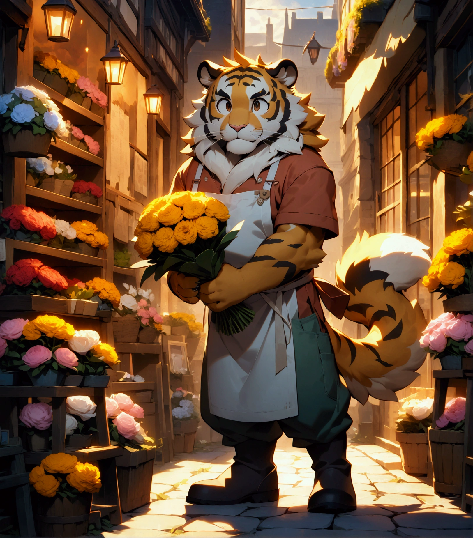 florist, plump middle-aged tiger man, happy, light smile, marigold, slacks, apron, standing, presenting a bouquet of flowers, dynamic pose, evening, england, flower shop, outdoor, detailed painting landscape, BREAK full body in Michelangelo Buonarroti style, digital illustration anime, character focus, full body, looking away, dynamic angle, BREAK complete anatomy, perfect proportions, beautiful thigh gap, fluffy body, intricate fur details, beautiful fur texture, BREAK detailed tiger tail, detailed boots, beautiful foot, detailed hands, 5fingers, 5fingers nails, BREAK aesthetic anime face, insanity detailed face, male face, big face, square jawline, aesthetic anime eyes, detailed brown eyes, detailed brown cornea, detailed dark brown irises, detailed pupils, male eyes, big eyes, male eyebrows, innocent look, beautiful beard, BREAK masterpiece, official art, best quality, very aesthetic, absurdres, super fine illustration, great quality, BREAK noise reduction, very highres, large filesize, high quality, 32K, 8k wallpaper, dynamic lighting, BREAK insanity detailed, ultra detailed, intricate details, extremely detailed, detailed texture, an extremely delicate and beautiful, full color, HDR, BREAK e621 illustration, Fur Affinity illustration, osukemo, kemohomo, anthropomorphic, furry, cartoon, harmonious eyes, pastoral body, virtuous face, floral atmosphere 