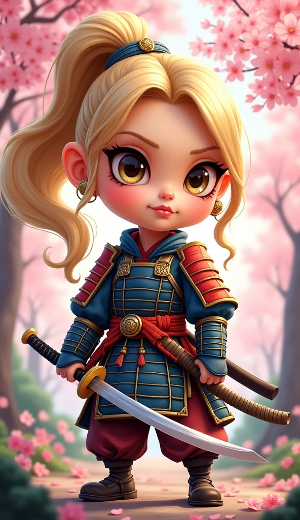 Create a proud cartoon caricature of a blond girl as a samurai. The character should have an expressive face showing confidence and determination, with large, exaggerated features to emphasize the cartoon style. She should be dressed in traditional samurai armor, adorned with vibrant colors and intricate patterns, and holding a katana with a fierce grip. The background can feature cherry blossom trees with petals gently falling around her, adding to the cultural essence. Aim for a playful yet strong representation, capturing the spirit of a warrior while keeping a whimsical and lively tone.