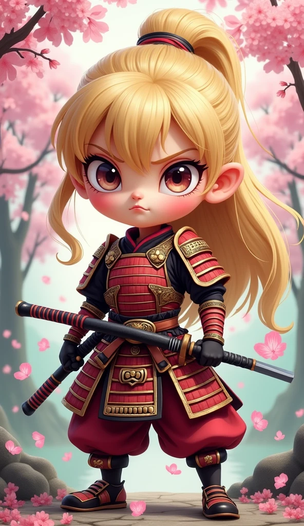 Create a proud cartoon caricature of a blond girl as a samurai. The character should have an expressive face showing confidence and determination, with large, exaggerated features to emphasize the cartoon style. She should be dressed in traditional samurai armor, adorned with vibrant colors and intricate patterns, and holding a katana with a fierce grip. The background can feature cherry blossom trees with petals gently falling around her, adding to the cultural essence. Aim for a playful yet strong representation, capturing the spirit of a warrior while keeping a whimsical and lively tone.