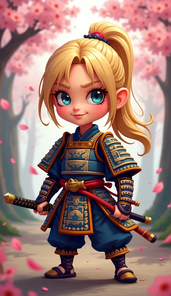 Create a proud cartoon caricature of a blond girl as a samurai. The character should have an expressive face showing confidence and determination, with large, exaggerated features to emphasize the cartoon style. She should be dressed in traditional samurai armor, adorned with vibrant colors and intricate patterns, and holding a katana with a fierce grip. The background can feature cherry blossom trees with petals gently falling around her, adding to the cultural essence. Aim for a playful yet strong representation, capturing the spirit of a warrior while keeping a whimsical and lively tone.