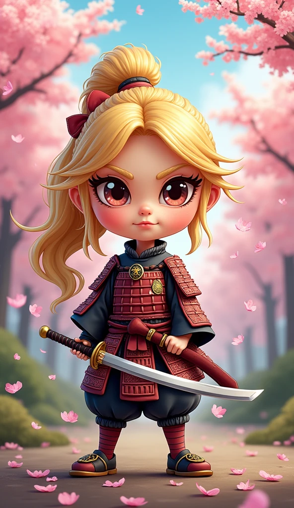 Create a proud cartoon caricature of a blond girl as a samurai. The character should have an expressive face showing confidence and determination, with large, exaggerated features to emphasize the cartoon style. She should be dressed in traditional samurai armor, adorned with vibrant colors and intricate patterns, and holding a katana with a fierce grip. The background can feature cherry blossom trees with petals gently falling around her, adding to the cultural essence. Aim for a playful yet strong representation, capturing the spirit of a warrior while keeping a whimsical and lively tone.