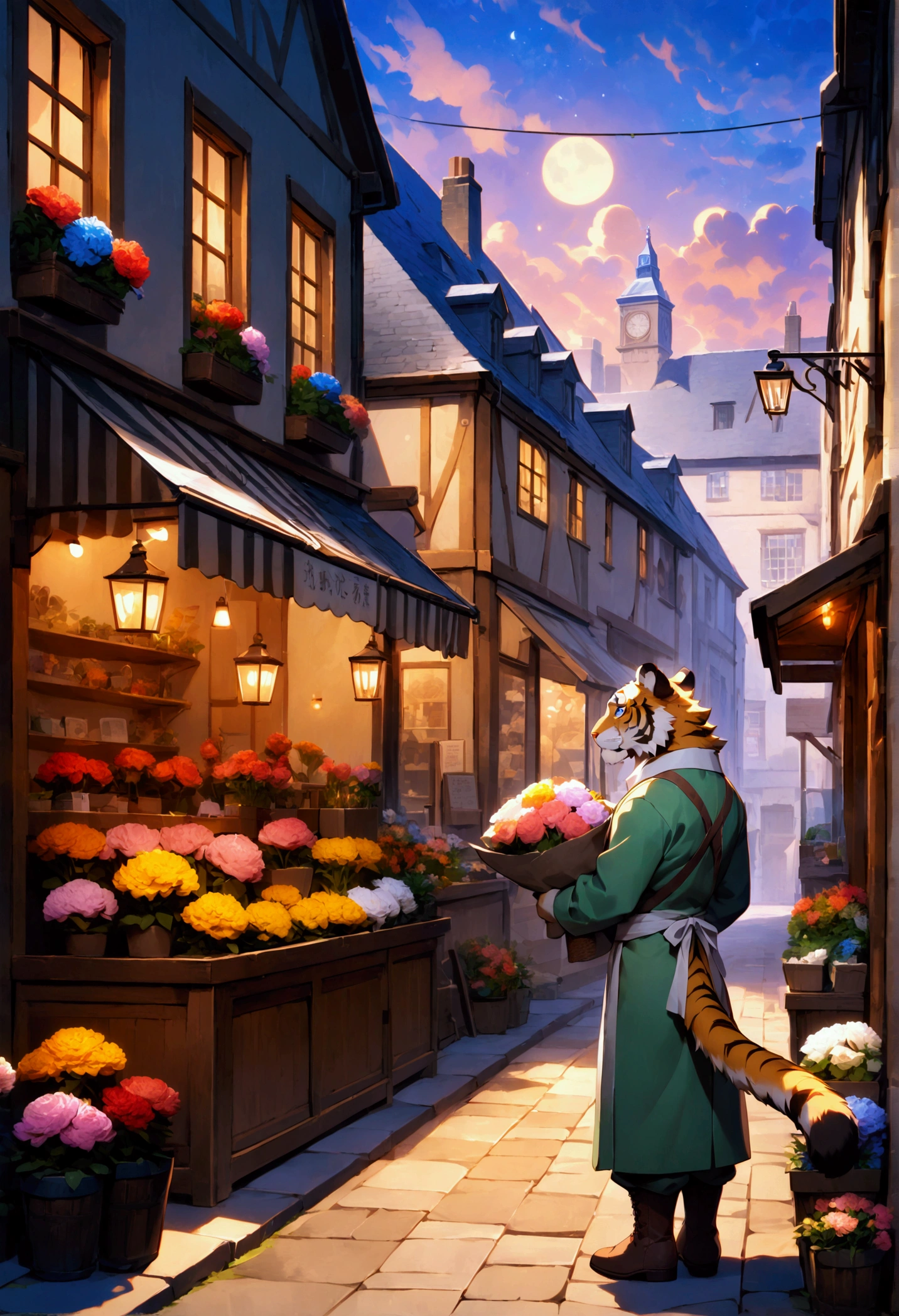 florist, plump middle-aged tiger man, happy, light smile, marigold, slacks, apron, standing, presenting a bouquet of flowers, dynamic pose, evening, england, flower shop, outdoor, detailed painting landscape, BREAK full body in Michelangelo Buonarroti style, digital illustration anime, character focus, full body, looking away, dynamic angle, BREAK complete anatomy, perfect proportions, beautiful thigh gap, fluffy body, intricate fur details, beautiful fur texture, BREAK detailed tiger tail, detailed boots, beautiful foot, detailed hands, 5fingers, 5fingers nails, BREAK aesthetic anime face, insanity detailed face, male face, big face, square jawline, aesthetic anime eyes, detailed brown eyes, detailed brown cornea, detailed dark brown irises, detailed pupils, male eyes, big eyes, male eyebrows, innocent look, beautiful beard, BREAK masterpiece, official art, best quality, very aesthetic, absurdres, super fine illustration, great quality, BREAK noise reduction, very highres, large filesize, high quality, 32K, 8k wallpaper, dynamic lighting, BREAK insanity detailed, ultra detailed, intricate details, extremely detailed, detailed texture, an extremely delicate and beautiful, full color, HDR, BREAK e621 illustration, Fur Affinity illustration, osukemo, kemohomo, anthropomorphic, furry, cartoon, harmonious eyes, pastoral body, virtuous face, floral atmosphere 