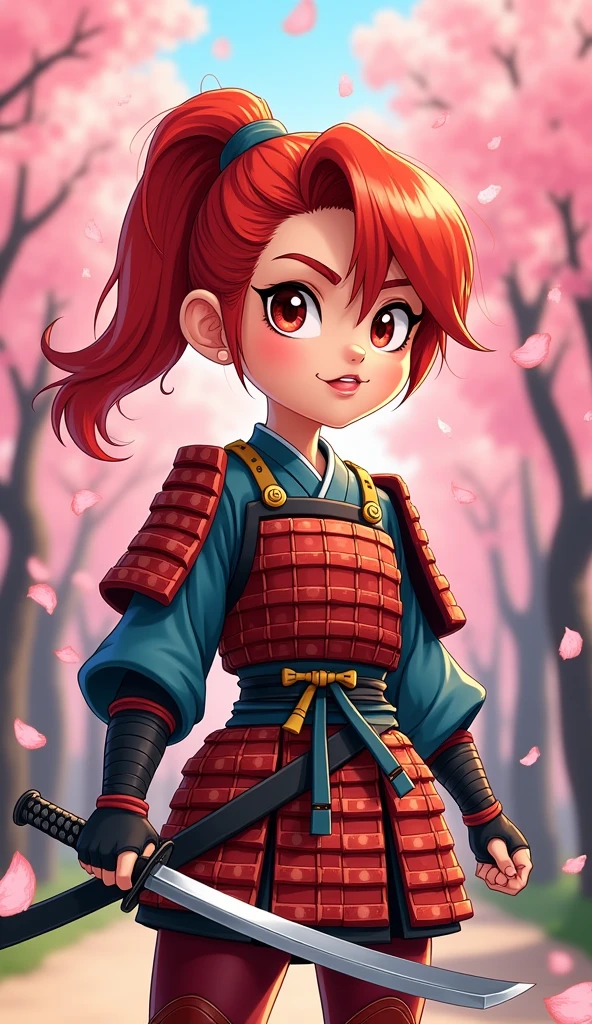 Create a proud cartoon caricature of a red hair girl as a samurai. The character should have an expressive face showing confidence and determination, with large, exaggerated features to emphasize the cartoon style. She should be dressed in traditional samurai armor, adorned with vibrant colors and intricate patterns, and holding a katana with a fierce grip. The background can feature cherry blossom trees with petals gently falling around her, adding to the cultural essence. Aim for a playful yet strong representation, capturing the spirit of a warrior while keeping a whimsical and lively tone.