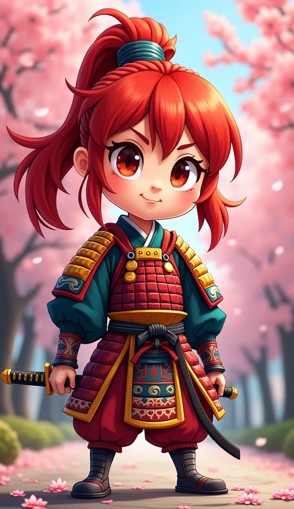 Create a proud cartoon caricature of a red hair girl as a samurai. The character should have an expressive face showing confidence and determination, with large, exaggerated features to emphasize the cartoon style. She should be dressed in traditional samurai armor, adorned with vibrant colors and intricate patterns, and holding a katana with a fierce grip. The background can feature cherry blossom trees with petals gently falling around her, adding to the cultural essence. Aim for a playful yet strong representation, capturing the spirit of a warrior while keeping a whimsical and lively tone.