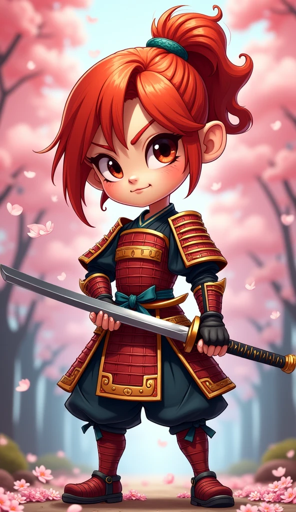 Create a proud cartoon caricature of a red hair girl as a samurai. The character should have an expressive face showing confidence and determination, with large, exaggerated features to emphasize the cartoon style. She should be dressed in traditional samurai armor, adorned with vibrant colors and intricate patterns, and holding a katana with a fierce grip. The background can feature cherry blossom trees with petals gently falling around her, adding to the cultural essence. Aim for a playful yet strong representation, capturing the spirit of a warrior while keeping a whimsical and lively tone.