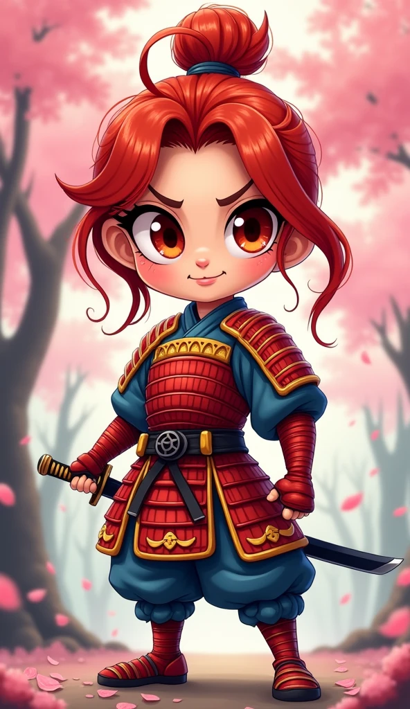 Create a proud cartoon caricature of a red hair girl as a samurai. The character should have an expressive face showing confidence and determination, with large, exaggerated features to emphasize the cartoon style. She should be dressed in traditional samurai armor, adorned with vibrant colors and intricate patterns, and holding a katana with a fierce grip. The background can feature cherry blossom trees with petals gently falling around her, adding to the cultural essence. Aim for a playful yet strong representation, capturing the spirit of a warrior while keeping a whimsical and lively tone.