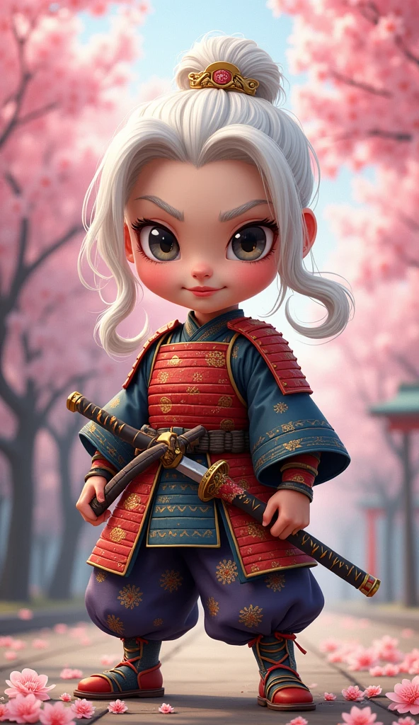 Create a proud cartoon caricature of a white hair girl as a samurai, depicted from multiple angles. The character should showcase a confident and determined expression with exaggerated features that highlight her personality. Display her in traditional samurai armor, integrating vibrant colors and intricate patterns. Illustrate each angle—front, side, and back—so viewers can appreciate the details of her outfit and equipment, including a katana held in various poses. The background should feature elements like cherry blossom trees, creating a cohesive cultural theme. This multi-angle presentation should vividly capture the essence of a playful yet strong warrior.